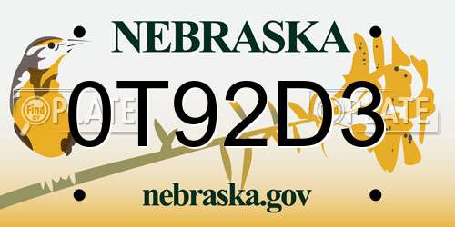 0T92D3 Nebraska License Plate
