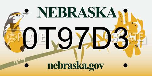 0T97D3 Nebraska License Plate