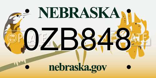 0ZB848 Nebraska License Plate