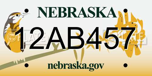 12AB457 Nebraska License Plate