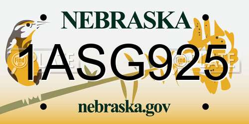 1ASG925 Nebraska License Plate