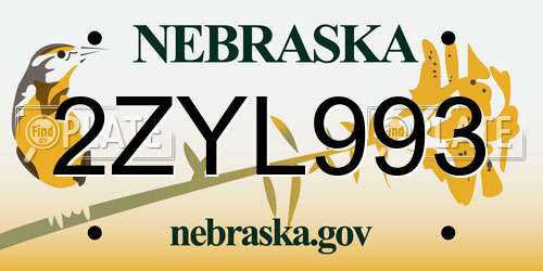 2ZYL993 Nebraska License Plate