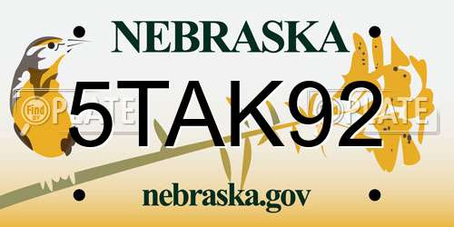 5TAK92 Nebraska License Plate