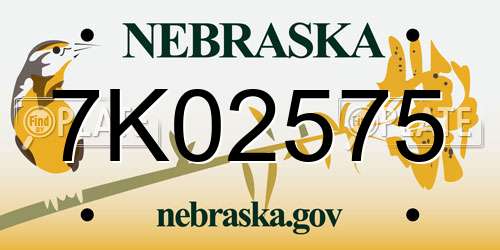 7K02575 Nebraska License Plate