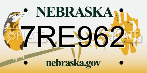 7RE962 Nebraska License Plate