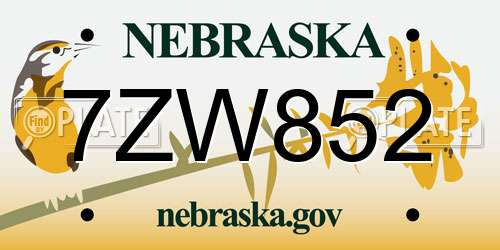 7ZW852 Nebraska License Plate