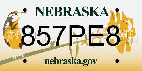 857PE8 Nebraska License Plate