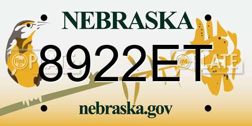 8922ET Nebraska License Plate