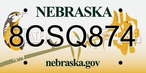 8CSQ874 Nebraska License Plate