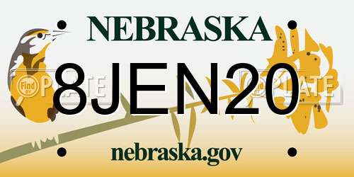 8JEN20 Nebraska License Plate
