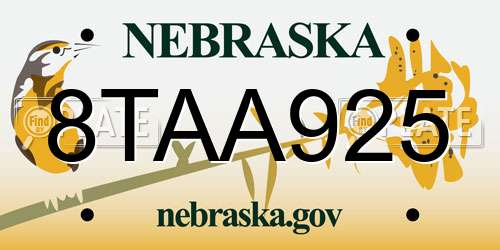 8TAA925 Nebraska License Plate