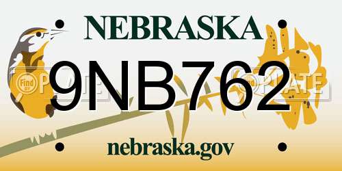 9NB762 Nebraska License Plate