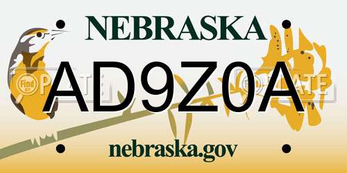 AD9Z0A Nebraska License Plate