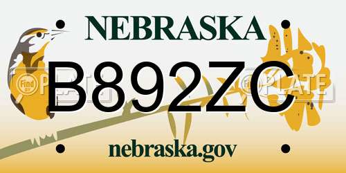 B892ZC Nebraska License Plate