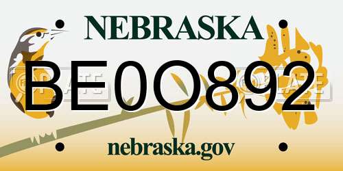 BE0O892 Nebraska License Plate