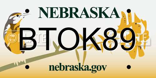 BTOK89 Nebraska License Plate
