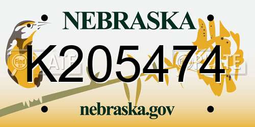 K205474 Nebraska License Plate