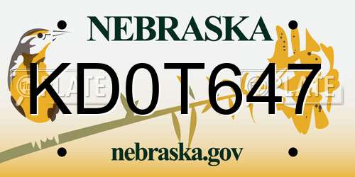 KD0T647 Nebraska License Plate