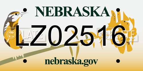 LZ02516 Nebraska License Plate