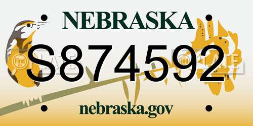 S874592 Nebraska License Plate