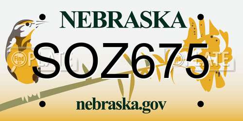 SOZ675 Nebraska License Plate