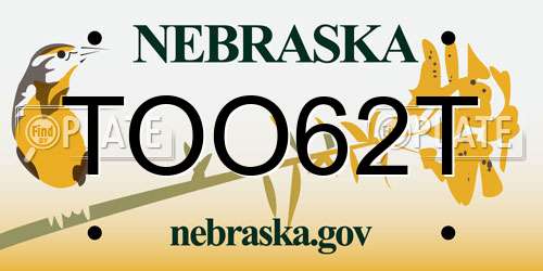 TOO62T Nebraska License Plate