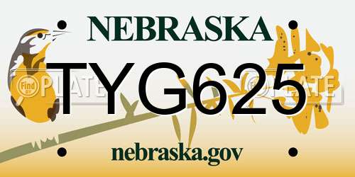 TYG625 Nebraska License Plate
