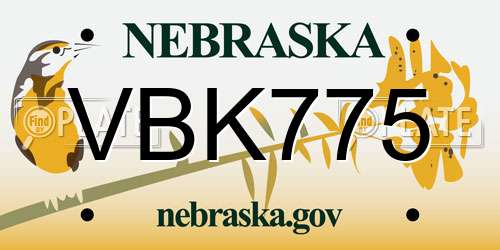 VBK775 Nebraska License Plate