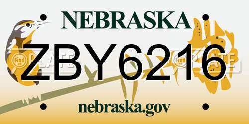 ZBY6216 Nebraska License Plate