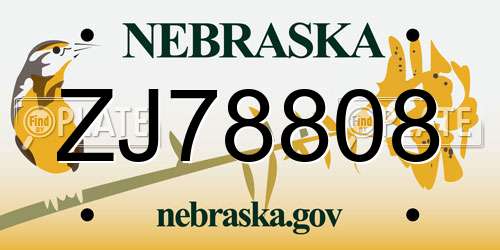 ZJ78808 Nebraska License Plate