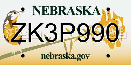 ZK3P990 Nebraska License Plate