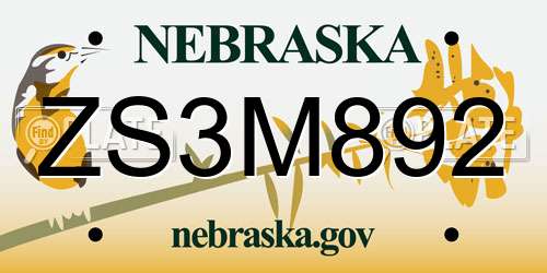 ZS3M892 Nebraska License Plate