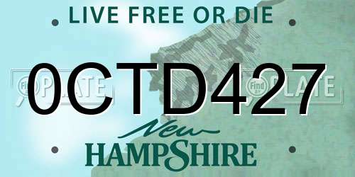 0CTD427 New Hampshire License Plate