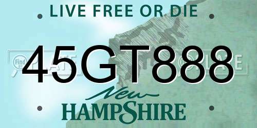 45GT888 New Hampshire License Plate