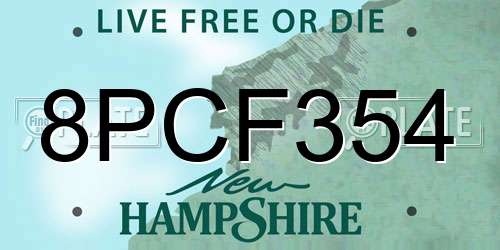 8PCF354 New Hampshire License Plate