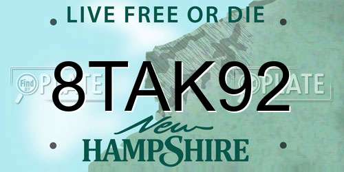 8TAK92 New Hampshire License Plate