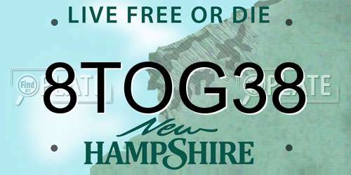 8TOG38 New Hampshire License Plate
