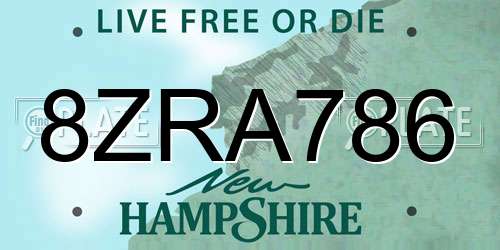 8ZRA786 New Hampshire License Plate