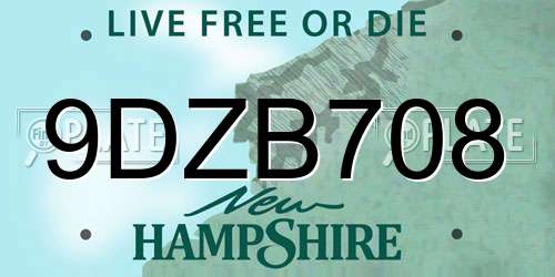 9DZB708 New Hampshire License Plate