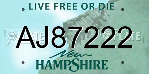 AJ87222 New Hampshire License Plate