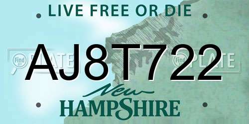 AJ8T722 New Hampshire License Plate