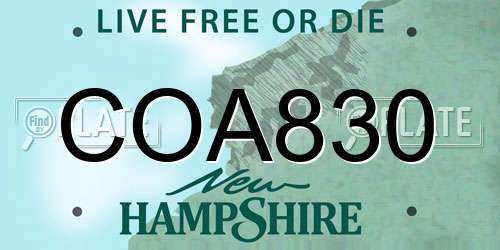 COA830 New Hampshire License Plate