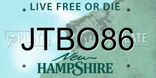 JTBO86 New Hampshire License Plate