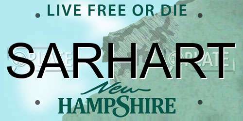 SARHART New Hampshire License Plate