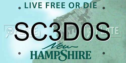 SC3D0S New Hampshire License Plate