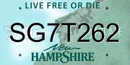 SG7T262 New Hampshire License Plate