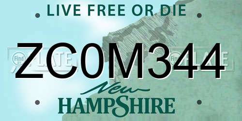 ZC0M344 New Hampshire License Plate