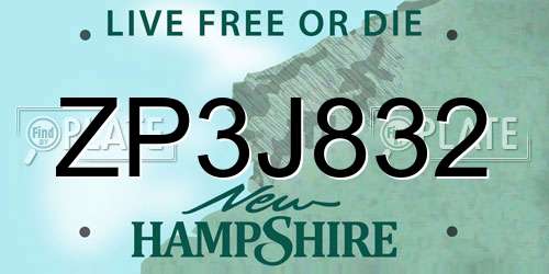 ZP3J832 New Hampshire License Plate