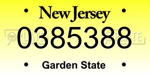 0385388 New Jersey License Plate