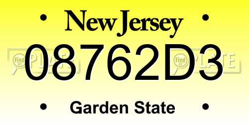08762D3 New Jersey License Plate